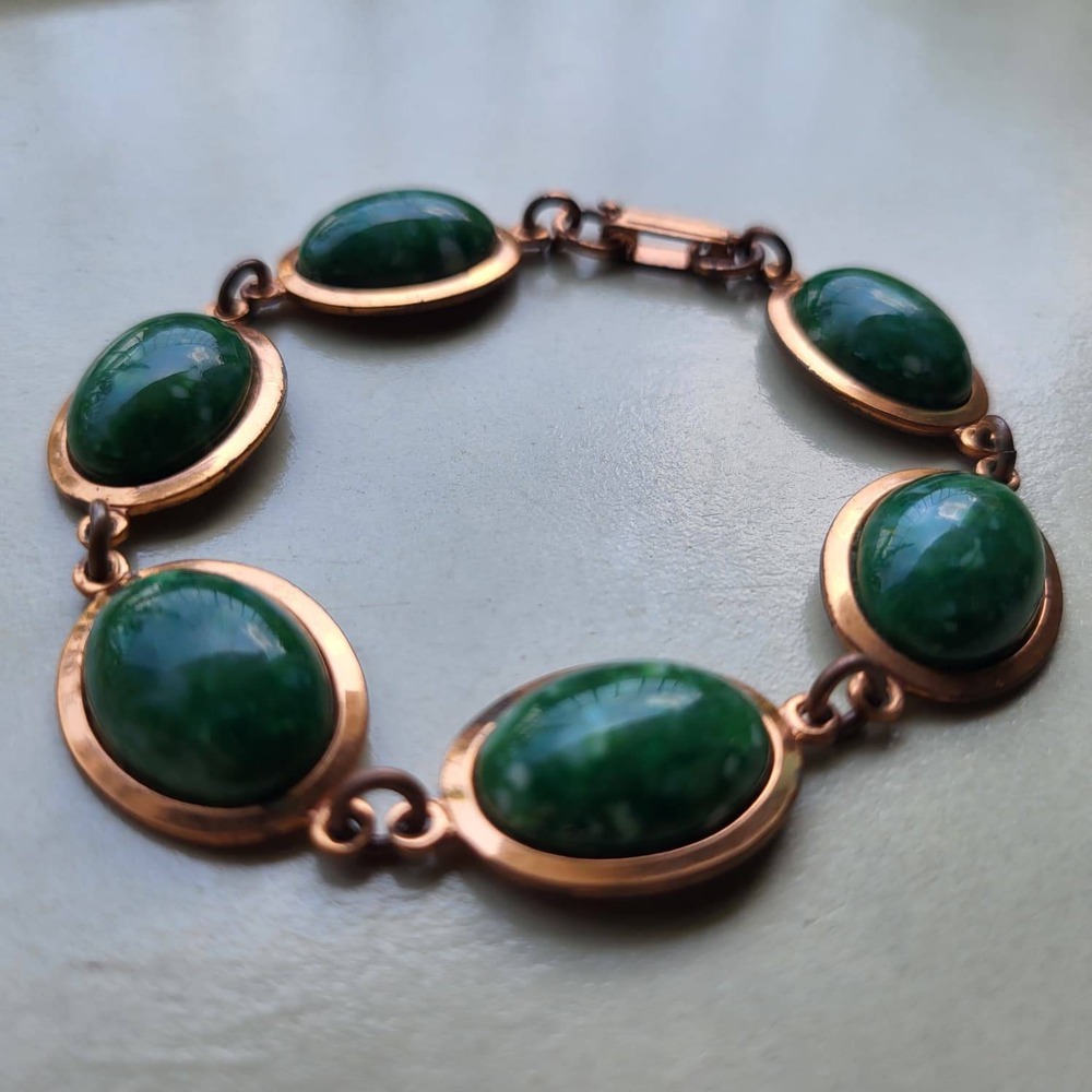 Vintage Copper Glass Cabochon Link Bracelet Green Mid Century Modern